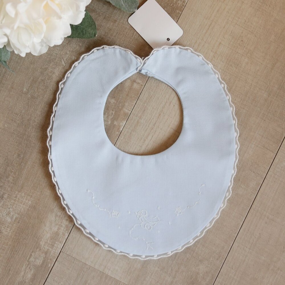 Blue Heirloom Bib with White Embroidery Duck Detail Feltman Brothers New